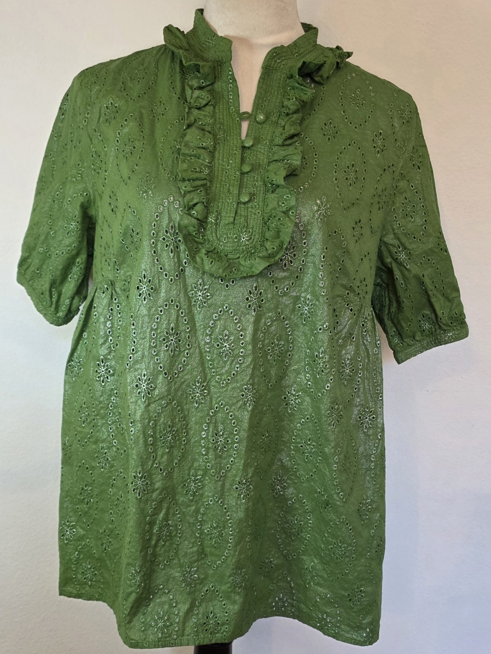 Vertigo Paris Green Eyelet Ruffle Front Blouse
